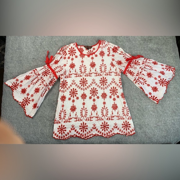 3/$10 Cocoplum Embroidered Eyelet Lined Cold Shoulder Flared Sleeve Blouse Top - Picture 5 of 14